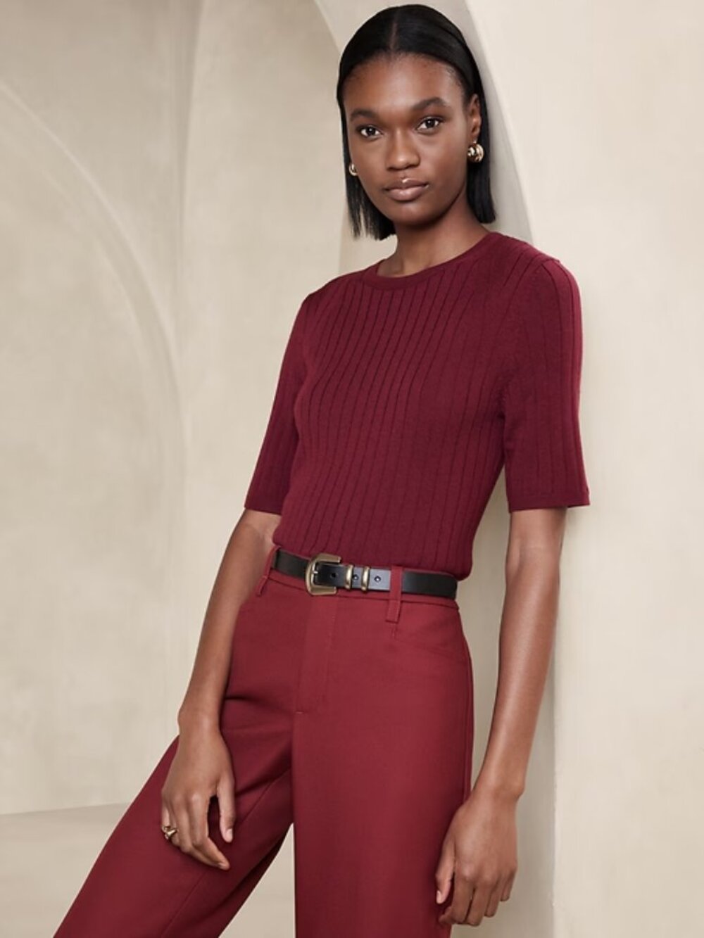 Banana Republic Nezha 100% Merino Wool Ribbed Elbow-Sleeve Sweater in Malbec Red